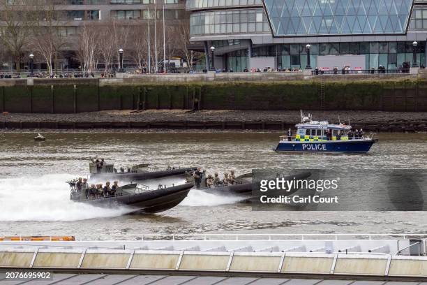 Royal Marines in Offshore Raiding Craft take part in the Constable's Dues ceremony at the Tower of London on March 14, 2024 in London, England. The...