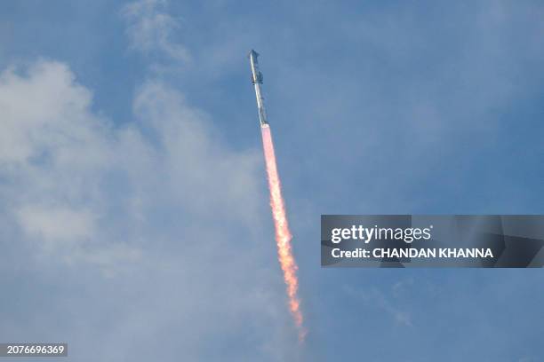 The SpaceX Starship spacecraft lifts off from Starbase in Boca Chica, Texas, on March 14, 2024. SpaceX on Thursday carried out the third test launch...