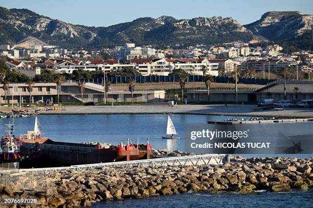 This photograph taken on March 12, 2024 shows the Olympic Marina of the Roucas Blanc in Marseille, southern France. Marseille will host matches of...