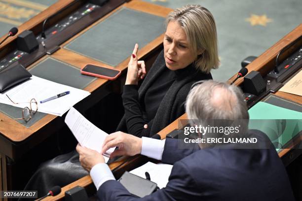 Defence minister Ludivine Dedonder and PS' Andre Flahaut pictured during a plenary session of the Chamber at the Federal Parliament in Brussels on...