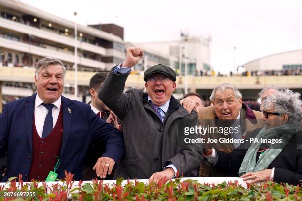 Sir Alex Ferguson, owner of Monmiral, celebrates alongside Alan Halsall and Sam Allardyce after watching his horse win the Pertemps Network Final,...