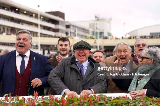 Sir Alex Ferguson, owner of Monmiral, celebrates alongside Alan Halsall and Sam Allardyce after watching his horse win the Pertemps Network Final,...