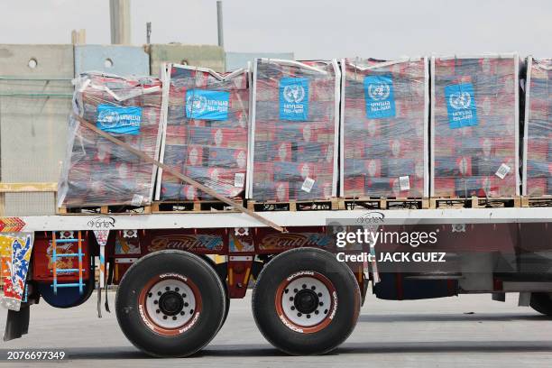 Truck carrying humanitarian aid slated for Gaza awaits clearance at the Kerem Shalom border crossing on March 14, 2024 amid the ongoing conflict...
