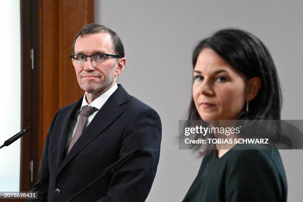 German Foreign Minister Annalena Baerbock and Norwegian Foreign Minister Espen Barth Eide address a joint press conference at the Foreign Office in...