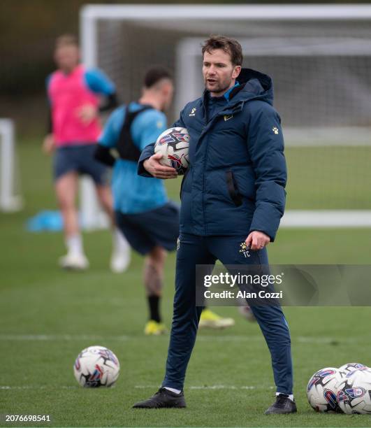 New interim head coach Tom Cleverley of Watford FC takes a training session at the clubs training ground in London Colney on March 14, 2024 in...
