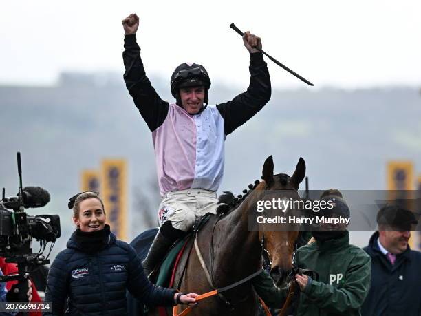 Gloucestershire , United Kingdom - 14 March 2024; Jockey Jack Kennedy celebrates aboard Teahupoo after winning the Paddy Power Stayers' Hurdle on day...