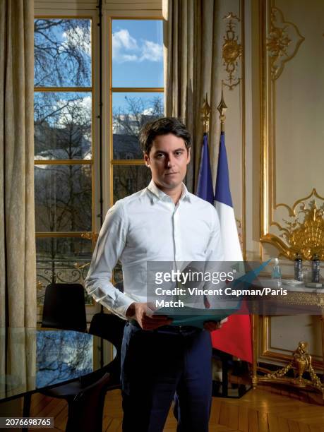 Prime Minister of France, Gabriel Attal is photographed for Paris Match in his office at l'Hotel Matignon in Paris on January 15, 2024.