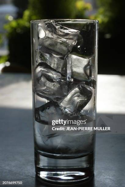 Photo prise le 13 août 2003 à Paris, de glaçons placés dans un verre. La température monte chez les fabricants de glace à rafraîchir : leur outils de...