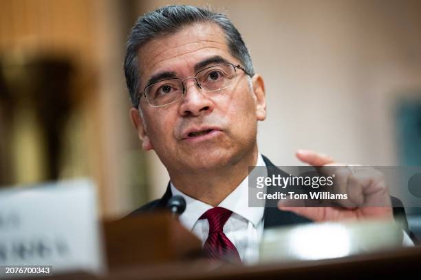 Secretary Xavier Becerra testifies during the Senate Finance Committee hearing titled "The President's Fiscal Year 2025 Health and Human Services...