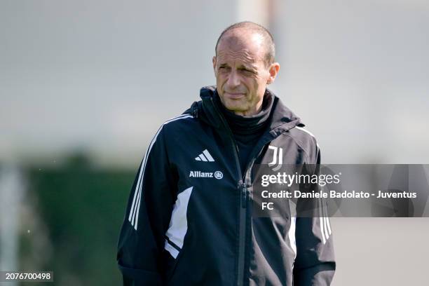 Massimiliano Allegri of Juventus during a training session at JTC on March 14, 2024 in Turin, Italy.