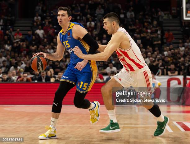 Jake Cohen, #15 of Maccabi Playtika Tel Aviv in action against Luka Mitrovic, #9 of Crvena Zvezda Meridianbet Belgrade during the Turkish Airlines...