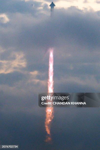 The SpaceX Starship spacecraft lifts off from Starbase in Boca Chica, Texas, on March 14, 2024. SpaceX on Thursday carried out the third test launch...