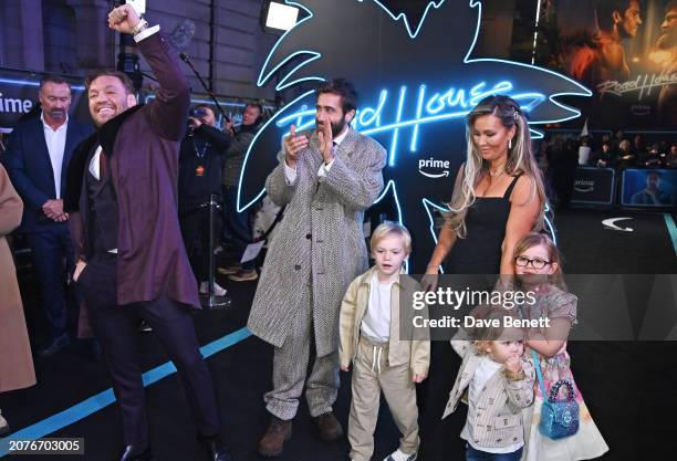 Conor McGregor, Jake Gyllenhaal, Dee Devlin and children Conor McGregor Jr, Croia McGregor and Rian McGregor attend the "Road House" UK Special...