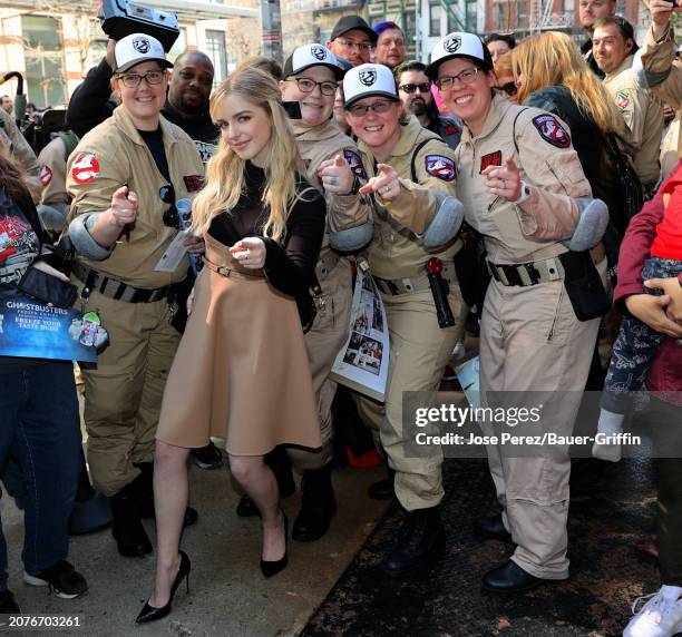 Mckenna Grace is seen promoting 'Ghostbusters Frozen Empire' outside the original Ghostbusters firehouse in Tribeca, Manhattan on March 14, 2024 in...