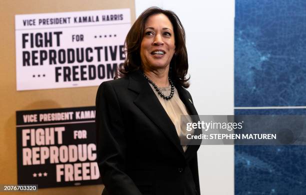 Vice President Kamala Harris arrives to speak during her visit to a Planned Parenthood clinic in Saint Paul, Minnesota, on March 14, 2024. Harris...