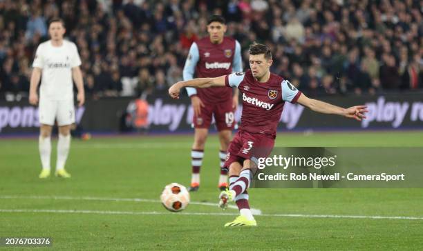 West Ham United's Aaron Cresswell scores his side's third goal during the UEFA Europa League 2023/24 round of 16 second leg match between West Ham...