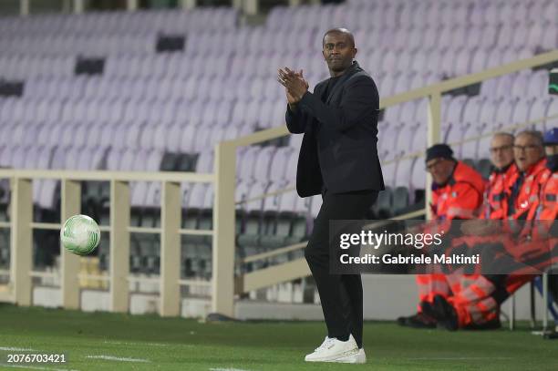 Mesaye Degu manager of Maccabi Haiha gestures during the UEFA Europa Conference League 2023/24 round of 16 second leg match between ACF Fiorentina...