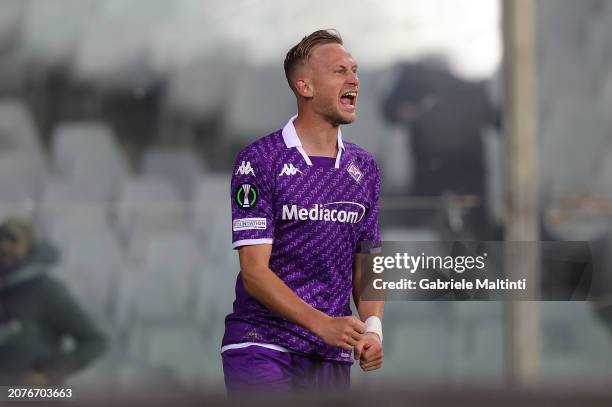 Antonin Barak of ACF Fiorentina celebrates after scoring a goal during the UEFA Europa Conference League 2023/24 round of 16 second leg match between...