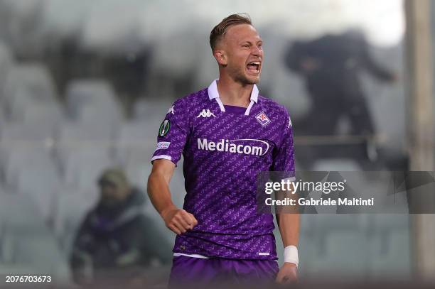 Antonin Barak of ACF Fiorentina celebrates after scoring a goal during the UEFA Europa Conference League 2023/24 round of 16 second leg match between...