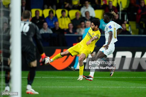 Gonzalo Guedes left winger of Villarreal and Portugal shooting to goal during the UEFA Europa League 2023/24 round of 16 second leg match between...