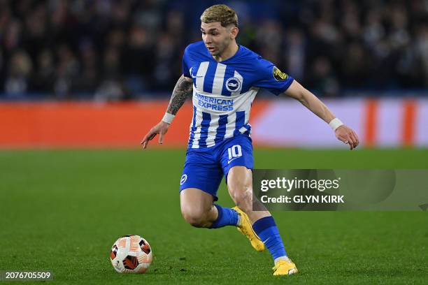 Brighton's Paraguayan striker Julio Enciso runs with the ball during the UEFA Europa League round of 16 second leg football match between Brighton...