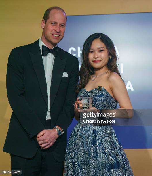 Prince William, Prince of Wales meets Chiara Riyanti Hutapea Zhang from Indonesia as he attends The Diana Legacy Awards at the Science Museum on...