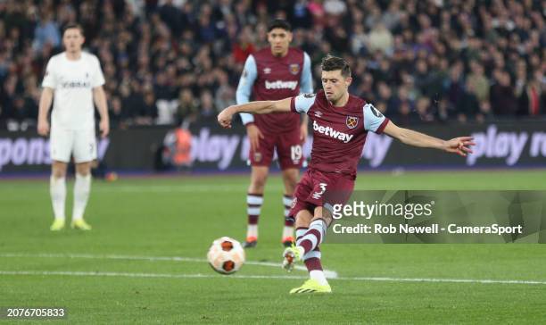 West Ham United's Aaron Cresswell scores his side's third goal during the UEFA Europa League 2023/24 round of 16 second leg match between West Ham...