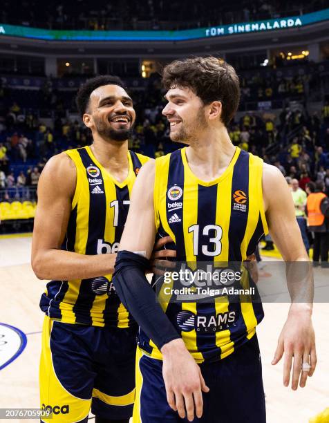 Fenerbahce Beko players celebrate after the Turkish Airlines EuroLeague Regular Season Round 29 match between Fenerbahce Beko Istanbul and Valencia...