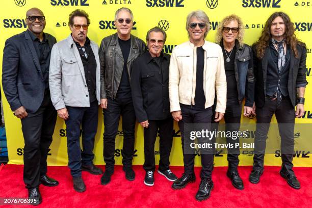 Everett Bradley, John Shanks, Hugh McDonald, Tico Torres, Jon Bon Jovi, David Bryan and Phil X at the "Thank You, Goodnight: The Bon Jovi Story"...