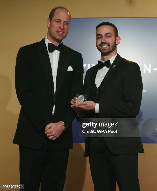 Prince William, Prince of Wales meets Yusuf Ben-Tarifite from England as he attends The Diana Legacy Awards at the Science Museum on March 14, 2024...