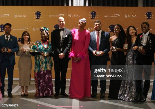 Prince William, Prince of Wales poses with all the winners as he attends The Diana Legacy Awards at the Science Museum on March 14, 2024 in London,...