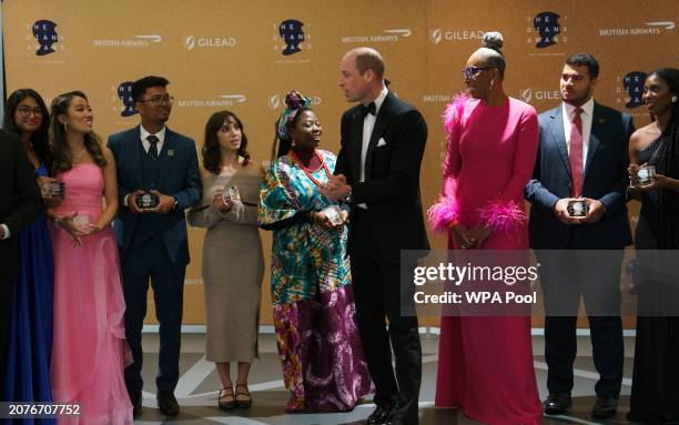 Prince William, Prince of Wales speaks with all the winners as he attends The Diana Legacy Awards at the Science Museum on March 14, 2024 in London,...