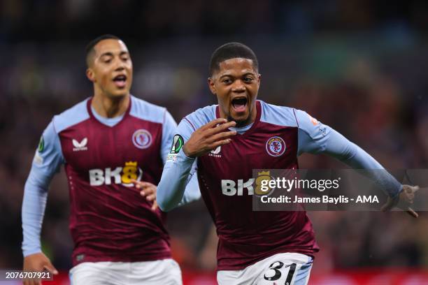 Leon Bailey of Aston Villa celebrates after scoring a goal to make it 2-0 during the UEFA Europa Conference League 2023/24 round of 16 second leg...