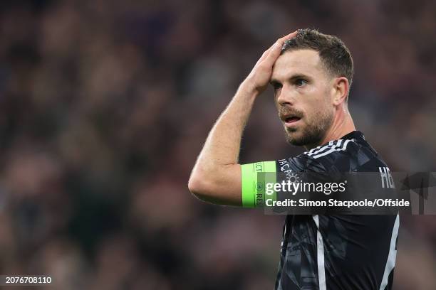 Jordan Henderson of Ajax looks dejected during the UEFA Europa Conference League 2023/24 round of 16 second leg match between Aston Villa and AFC...