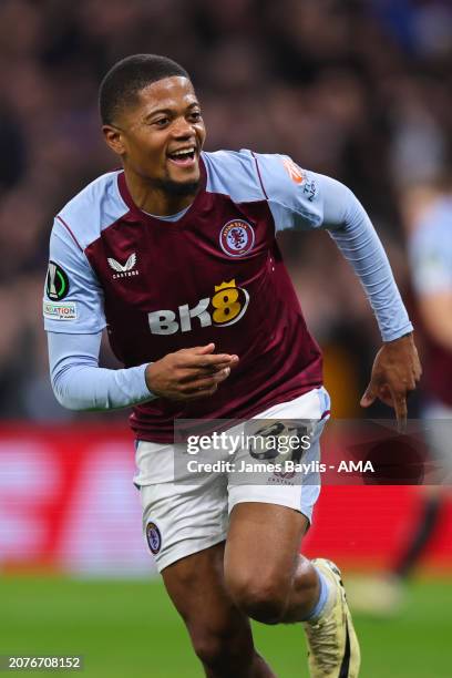 Leon Bailey of Aston Villa celebrates after scoring a goal to make it 2-0 during the UEFA Europa Conference League 2023/24 round of 16 second leg...