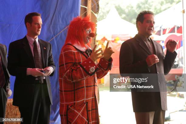 Mr. Monk Goes to the Circus" Episode 204 -- Pictured: Jason Gray-Stanford as Randall Disher, Lance Krall as Floppy the Clown, Tony Shalhoub as Adrain...