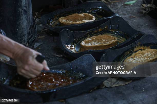 Detail as a worker prepares 'panela' sweets in a grinding mill during the raw cane sugar festival in the municipality of San Lorenzo on March 14,...