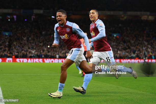 Leon Bailey of Aston Villa celebrates his goal with Youri Tielemans during the UEFA Europa Conference League 2023/24 round of 16 second leg match...