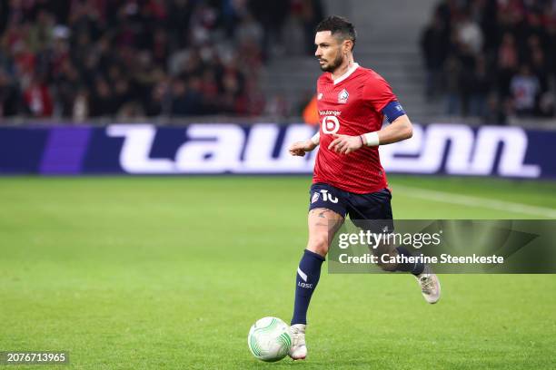 Remy Cabella of Lille OSC drives the ball during the UEFA Europa Conference League 2023/24 round of 16 second-leg match between Lille OSC and Sturm...