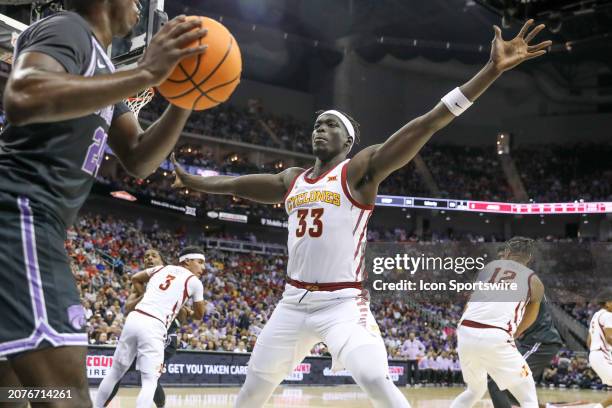 Iowa State Cyclones forward Omaha Biliew guards the inbounds pass in the first half of a Big 12 tournament quarterfinal game between the Kansas State...