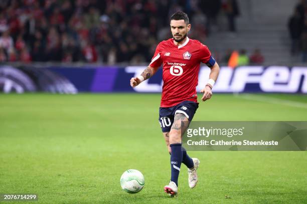Remy Cabella of Lille OSC drives the ball during the UEFA Europa Conference League 2023/24 round of 16 second-leg match between Lille OSC and Sturm...