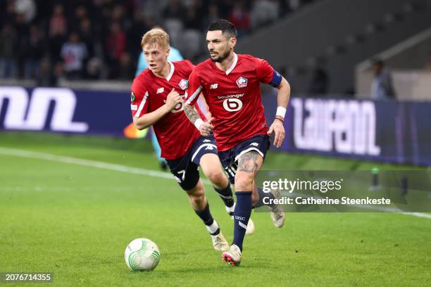 Remy Cabella of Lille OSC controls the ball during the UEFA Europa Conference League 2023/24 round of 16 second-leg match between Lille OSC and Sturm...