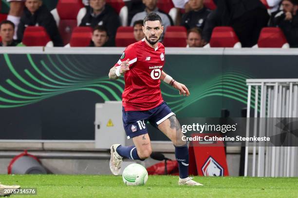 Remy Cabella of Lille OSC controls the ball during the UEFA Europa Conference League 2023/24 round of 16 second-leg match between Lille OSC and Sturm...