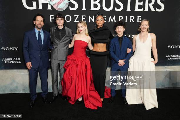 Paul Rudd, Finn Wolfhard, Mckenna Grace, Celeste O'Connor, Logan Kim and Carrie Coon at the world premiere of "Ghostbusters: Frozen Empire" held at...
