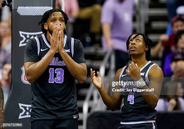 Will McNair Jr. #13 and Dai Dai Ames of the Kansas State Wildcats react to a call during the second half of a quarterfinal game of the Big 12 Men's...