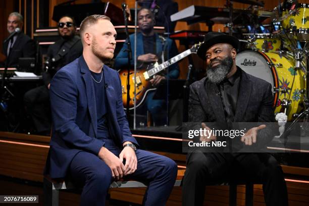 Episode 1940 -- Pictured: Reality TV star Jimmy Presnell and Tariq "Black Thought" Trotter during a monologue feature on Thursday, March 14, 2024 --