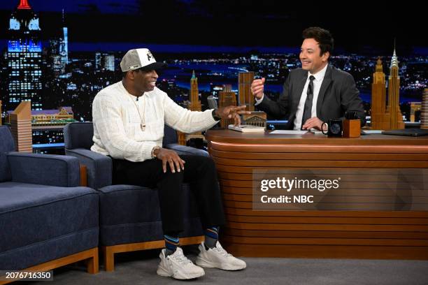 Episode 1940 -- Pictured: Football coach Deion Sanders during an interview with host Jimmy Fallon on Thursday, March 14, 2024 --