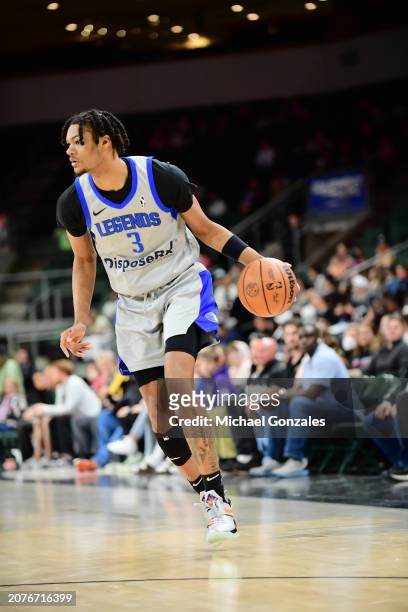 March 14, 2024: Alex Fudge of the Texas Legends handles the ball against the Austin Spurs on March 14, 2024 at H-E-B Center at Cedar Park Texas. NOTE...