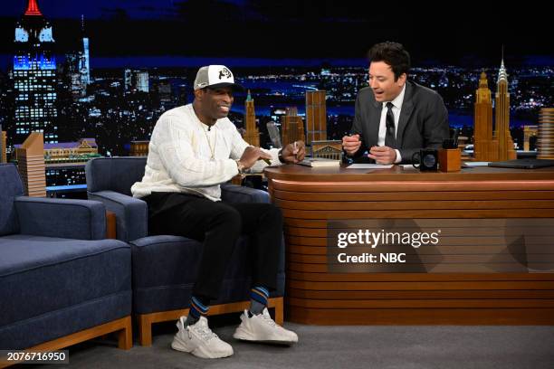 Episode 1940 -- Pictured: Football coach Deion Sanders during an interview with host Jimmy Fallon on Thursday, March 14, 2024 --