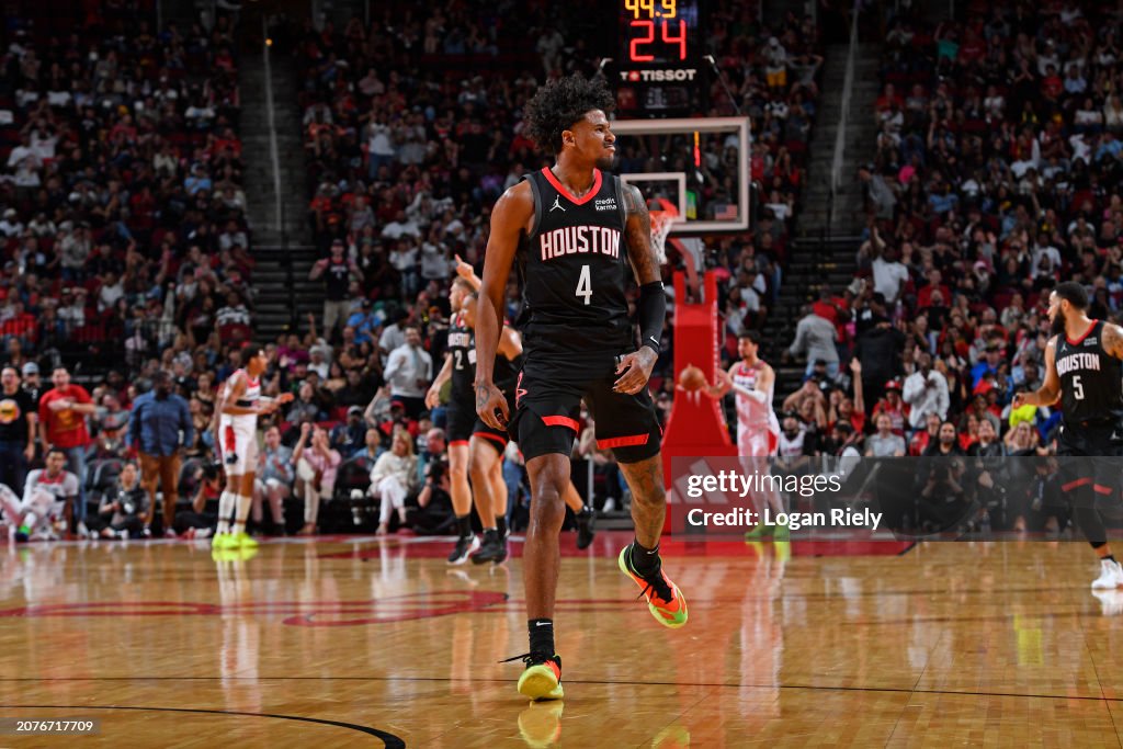 Wizards Rockets Jalen Green of the Houston Rockets celebrates during the game against ...